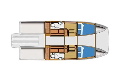Top-down layout of a boat featuring two bedrooms, two bathrooms, and a central living area with wooden finishes.